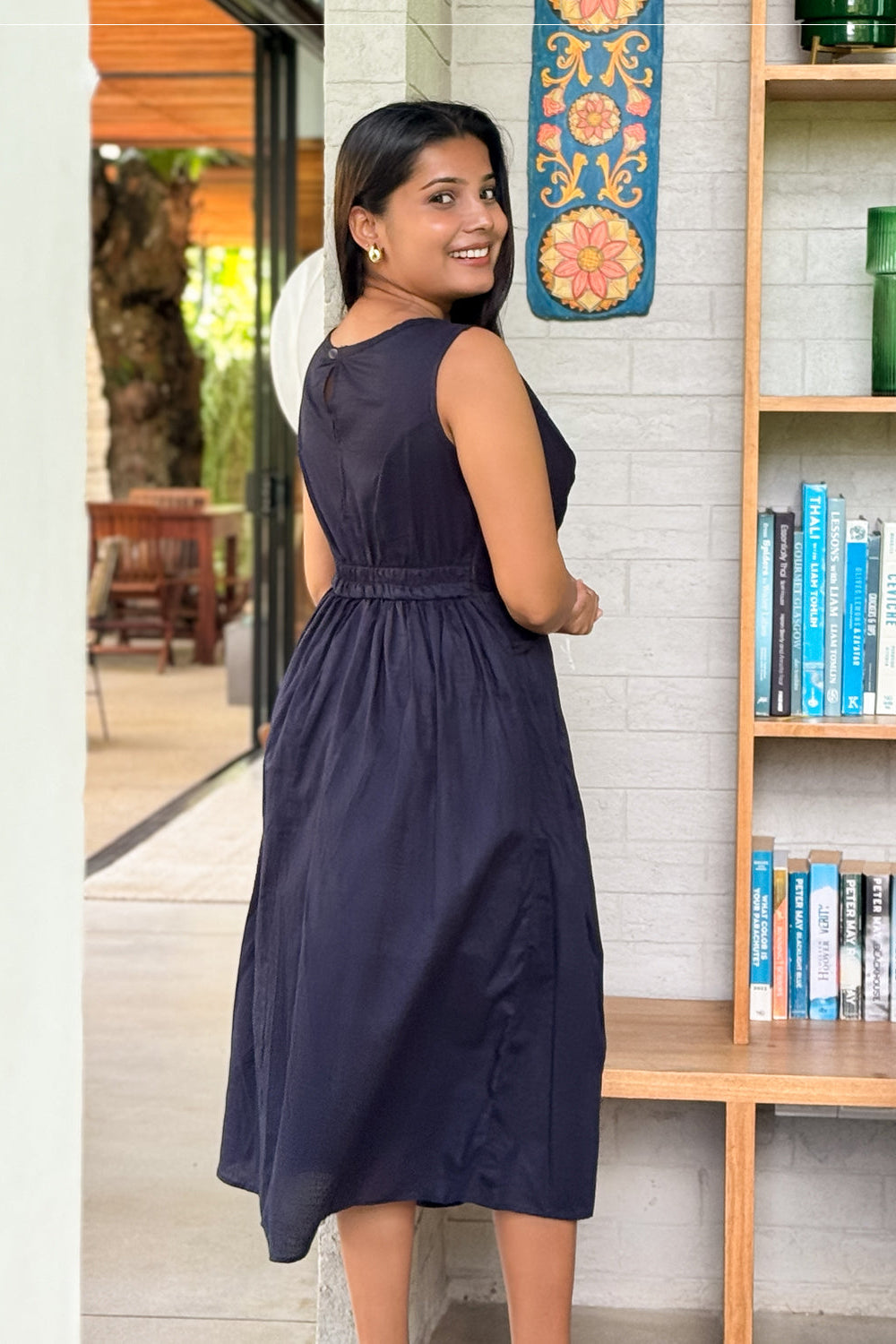 zara midi dress dark blue back view
