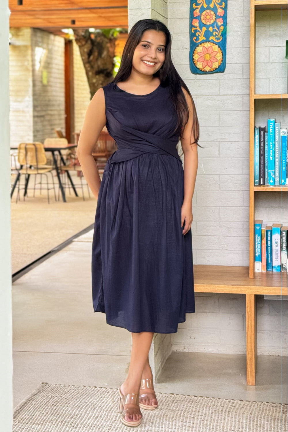 zara midi dress dark blue casual daytime wear