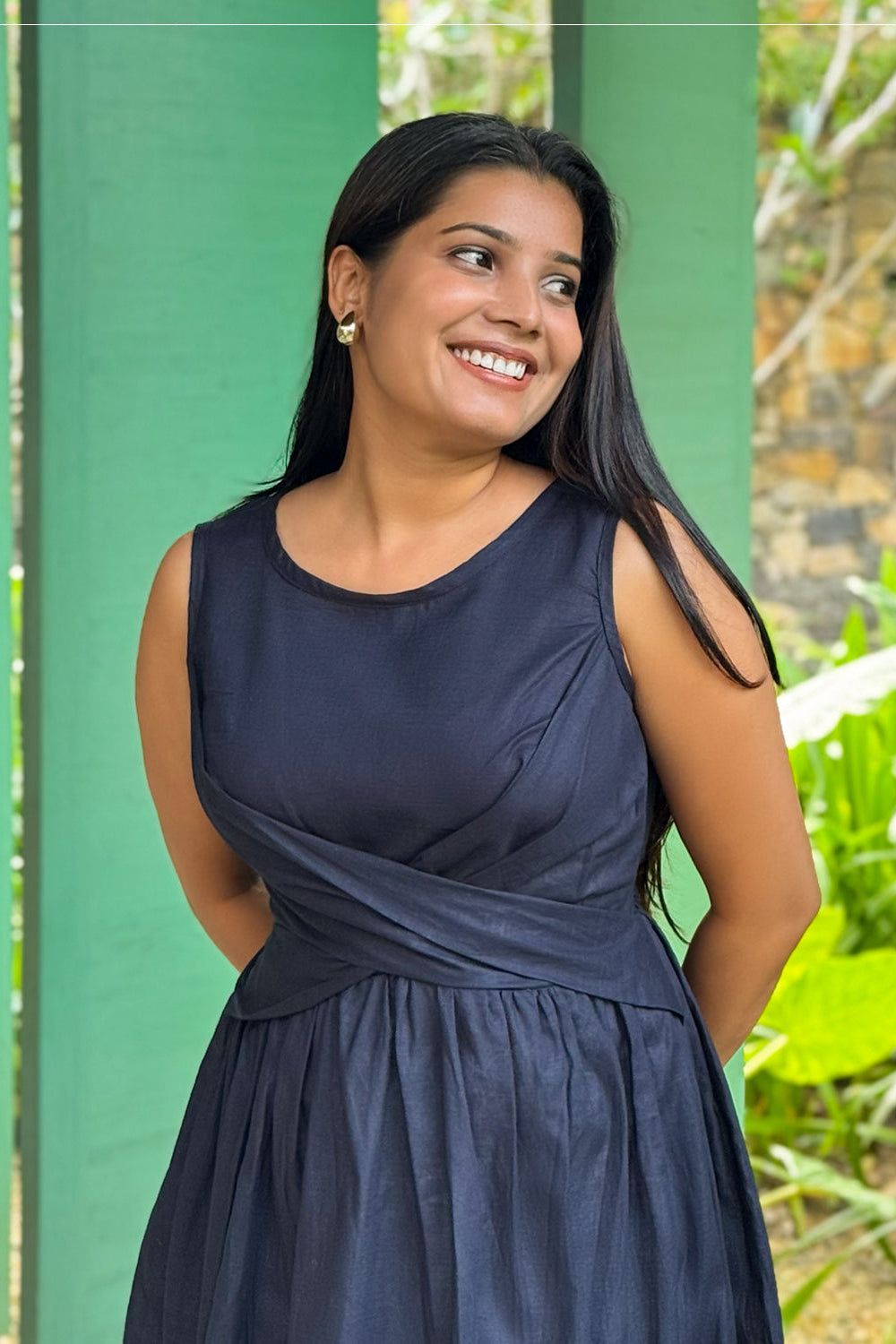 zara midi dress dark blue wrap detail waist